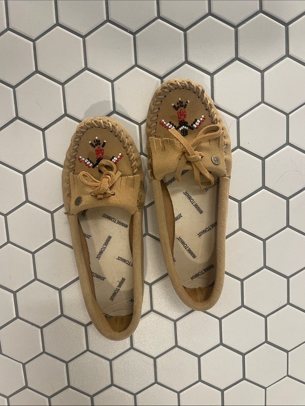 Minnetonka Tan Suede Beaded Moccasins